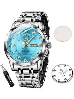Olevs Mens Silver Blue Dial Diamond Wrist Quartz Stainless Luminous Luxury Watch
